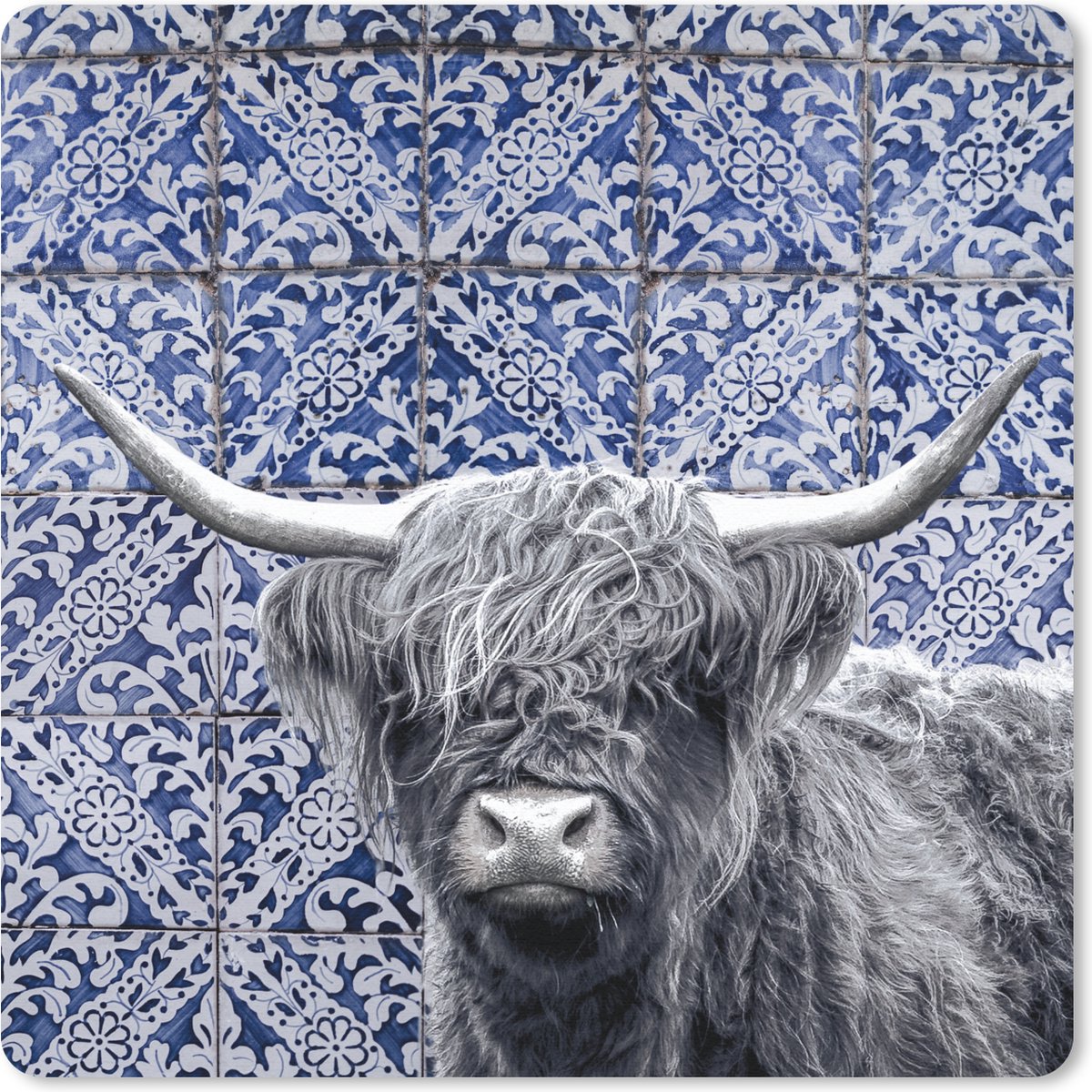 Muismat 30x30 cm - Mousepad Schotse hooglander - Delfts blauw - Zwart - Wit - Muismatten