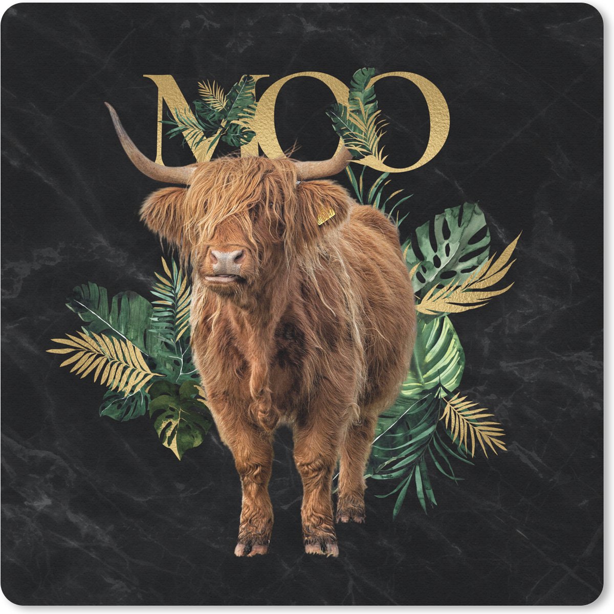 Muismat 20x20 cm - Mousepad Schotse hooglander - Goud - Marmer print - Muismatten