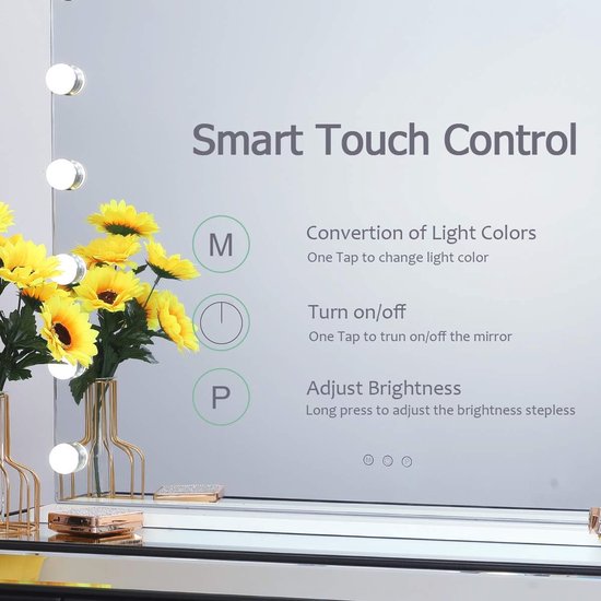 Miroir De Maquillage Hollywood Lumineux LED - 3 Modes De Lumière, Miroir Grossissant 5X, Ports USB/Type-C - 80x60 Cm - 3