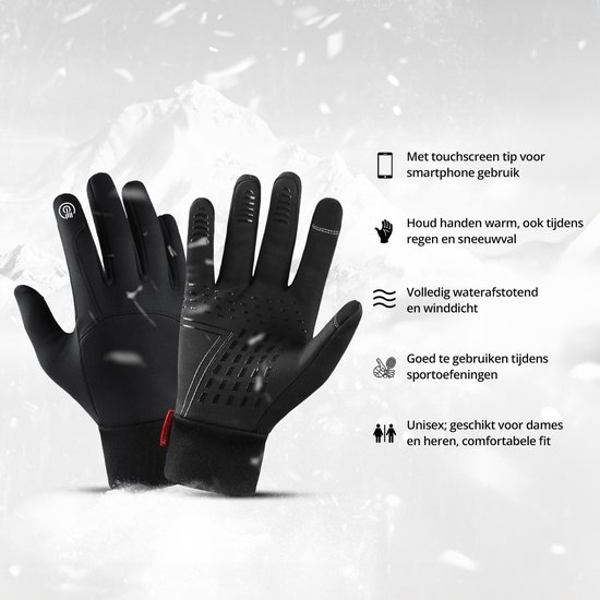 Paar zwarte, waterafstotende handschoenen met touch-tip, tegen een winterse achtergrond.