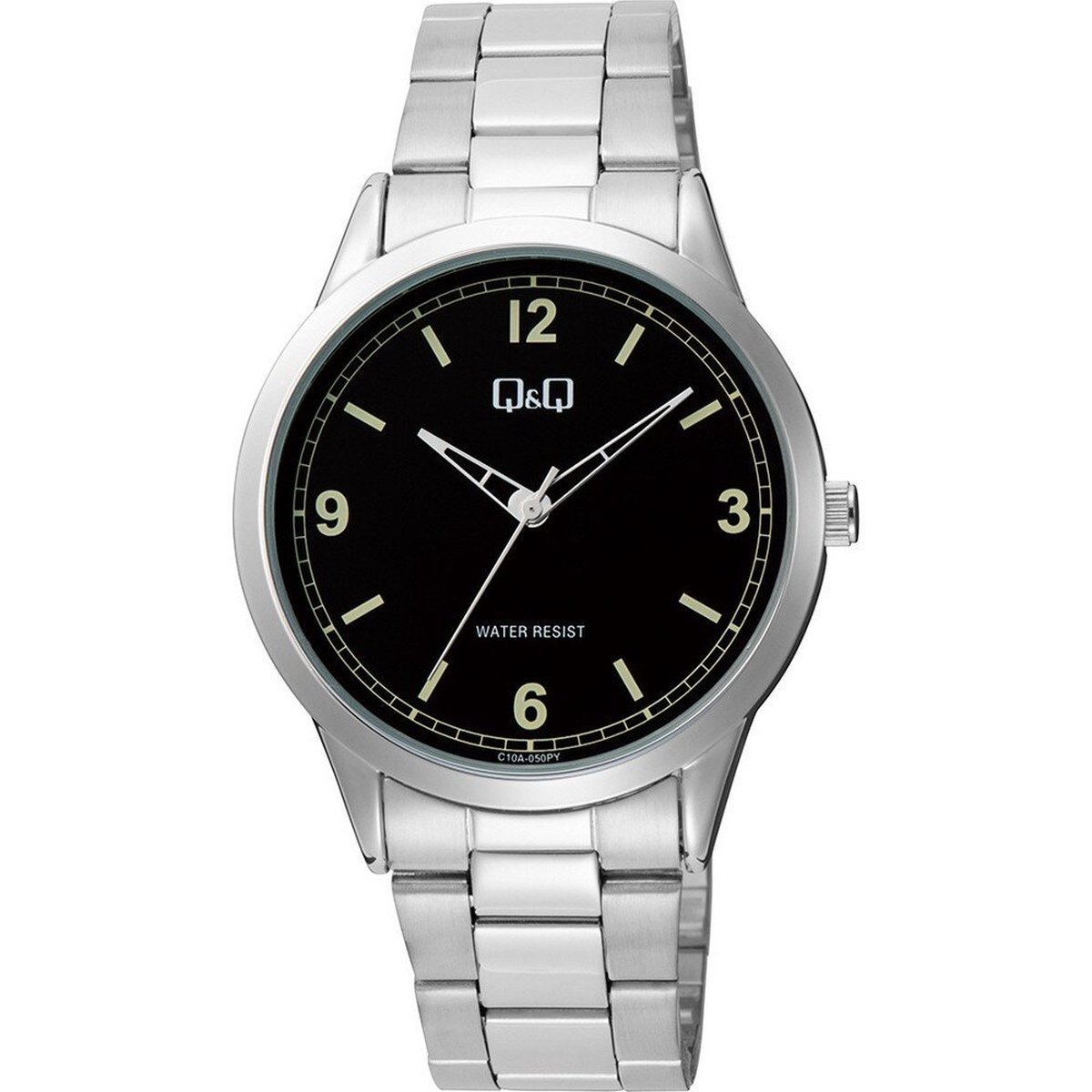 QQ C10A-050PY - Horloge - Analoog - Heren - Mannen - stalen band - Rond - Metaal - Cijfers - Streepjes - Zilverkleurig - Zwart