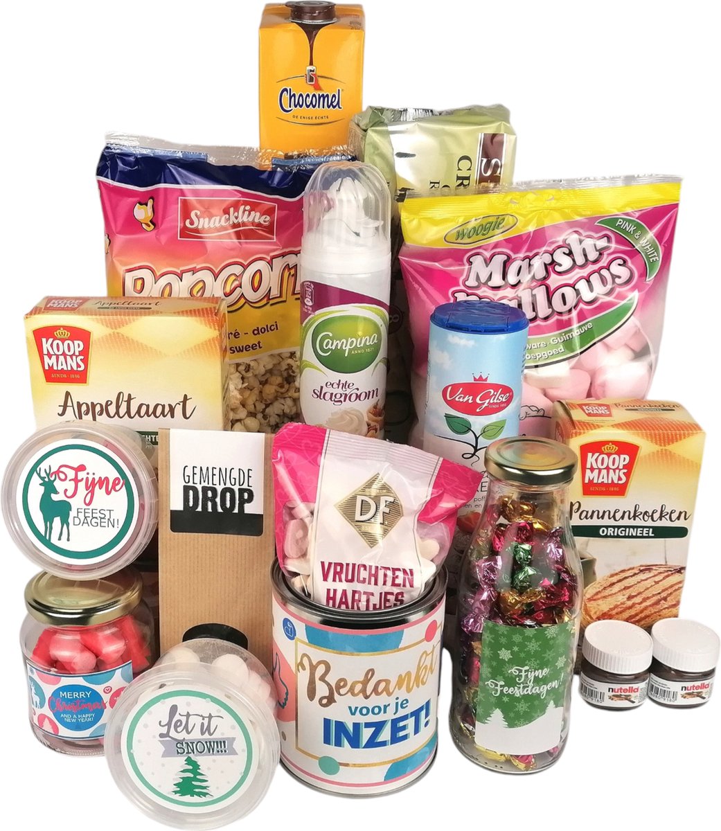 Kerstpakket "Bedankt voor je inzet" | Perfect als Waardering voor Personeel en Collega's | Compleet Cadeaupakket | Voor Zakelijk en Particulier | Kerstgeschenk met o.a Chocolademelk, Appeltaart, Pannenkoeken en Snacks – foto 2