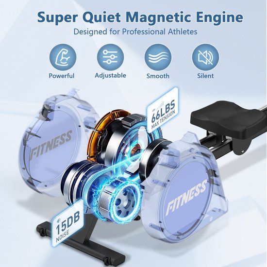 Zicht op het interne magnetische motordetail van de roeitrainer, met 66LBS maximale spanning en 15DB ruis.