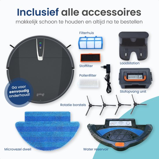 Zwarte Gologi robotstofzuiger met alle meegeleverde accessoires: filterhuis, stof- en pollenfilters, laadstation, stofopvang unit, microvezeldweil, rotatie borstels en waterreservoir.