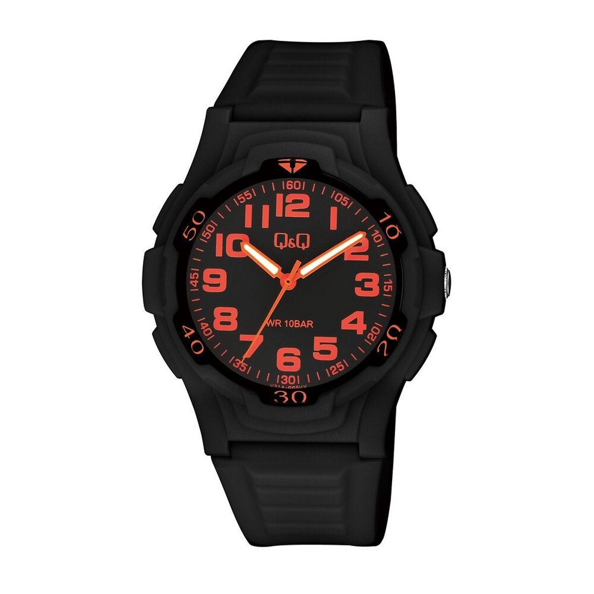 QQ V31A-005VY - Horloge - Sport - Analoog - Unisex - Plastic band - Rond - Cijfers - Kunststof - Zwart - Oranje - 10 ATM