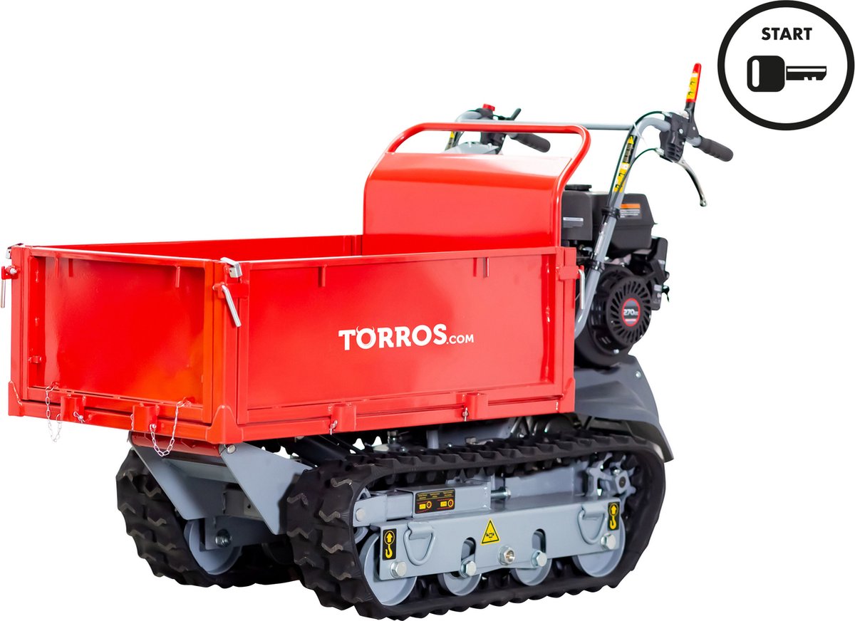 Mini rupsdumper vlakke kipbak 500kg 9pk 6+2R snelheden elektrische start Torros MRP500H6E