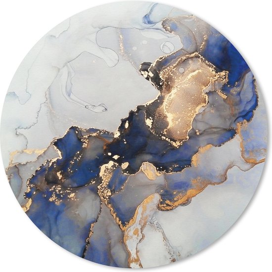 Muismat - Mousepad - Rond - Marmer print - Blauw - Goud - 50x50 cm - Ronde muismat