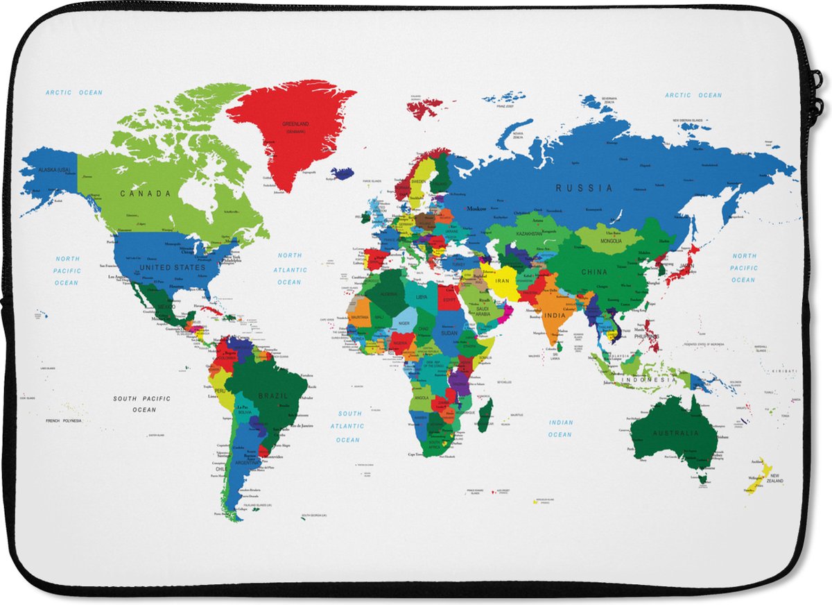 Laptophoes 13 inch - Wereldkaart - Kleuren - Topografie - Kinderen - Jongens - Meisjes - Laptop sleeve - Binnenmaat 32x22,5 cm - Zwarte achterkant