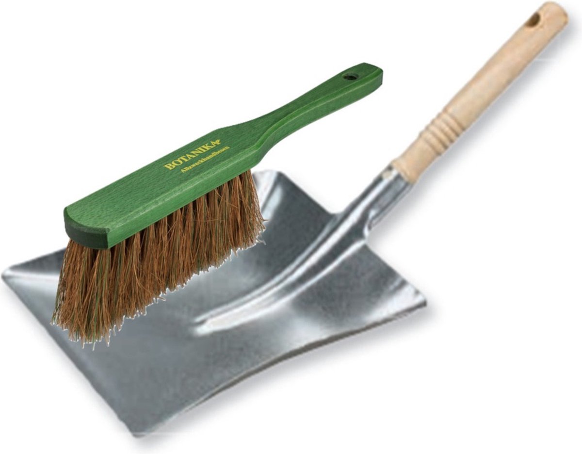 Goedkoopste Buemag Stoffer en blik set voor buiten - zilver/groen - verzinkt metaal - hout met kokosharen