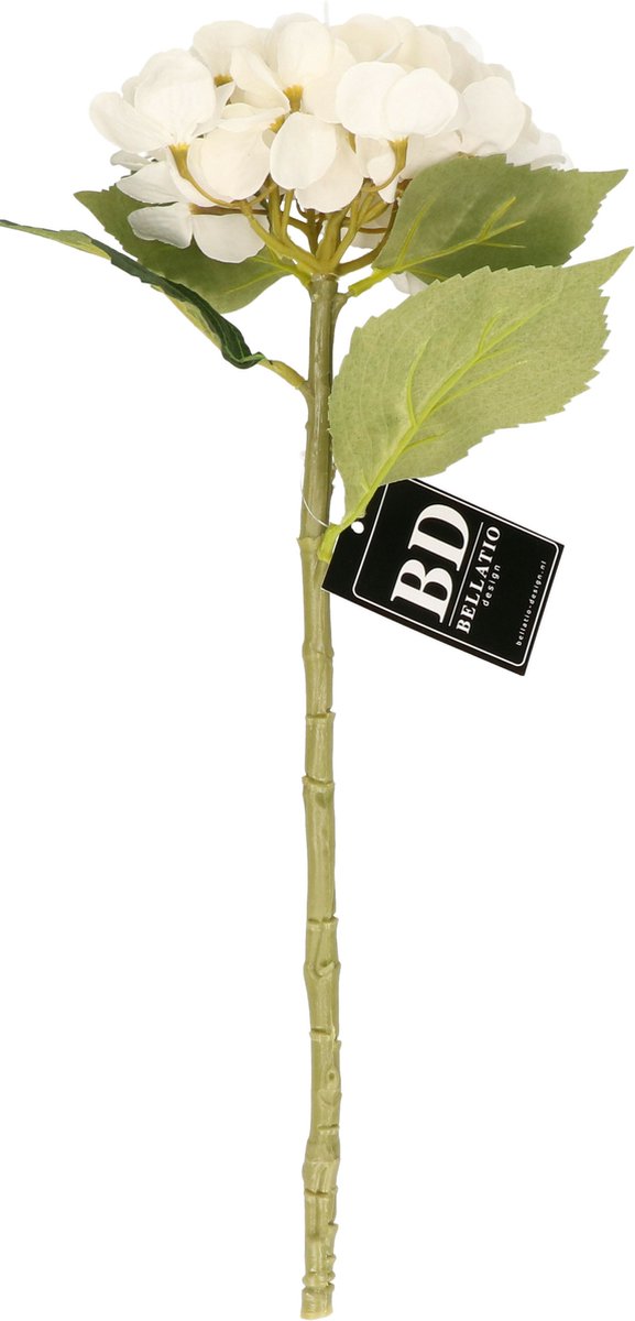 Bellatio Design Kunstbloem Hortensia tak - creme wit - 48 cm - losse steel - Kunst zijdebloemen - hydrangea