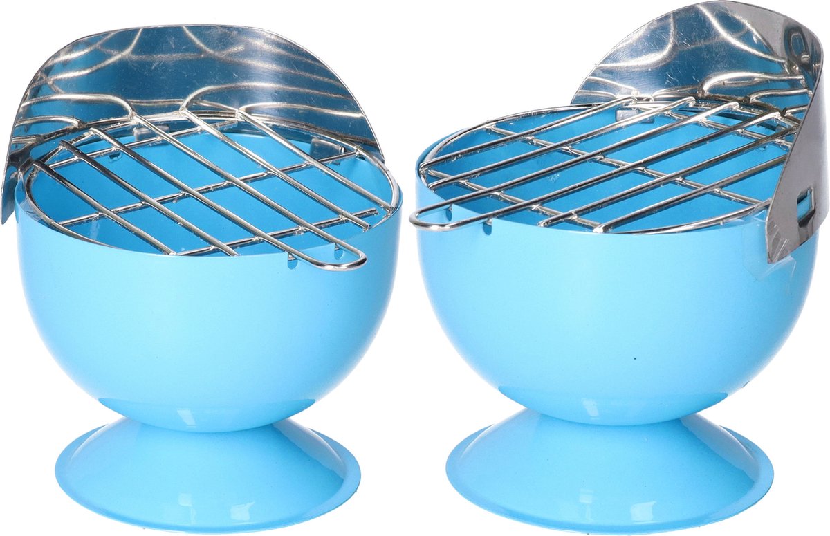 Goedkoopste Set van 2x stuks asbak als BBQ vorm metaal 12 cm blauw voor binnen/buiten