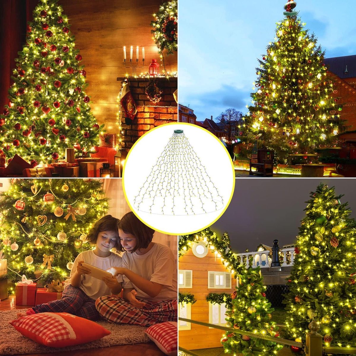 Lichtketting kerstboom met ring, 2,5 m, 16 strengen, 400 leds, IP65 waterdicht, voor buiten met 5 m voedingskabel, kerstverlichting binnen, 8 modi, timer voor 150, 180 of 240 cm, dennenboom, warmwit