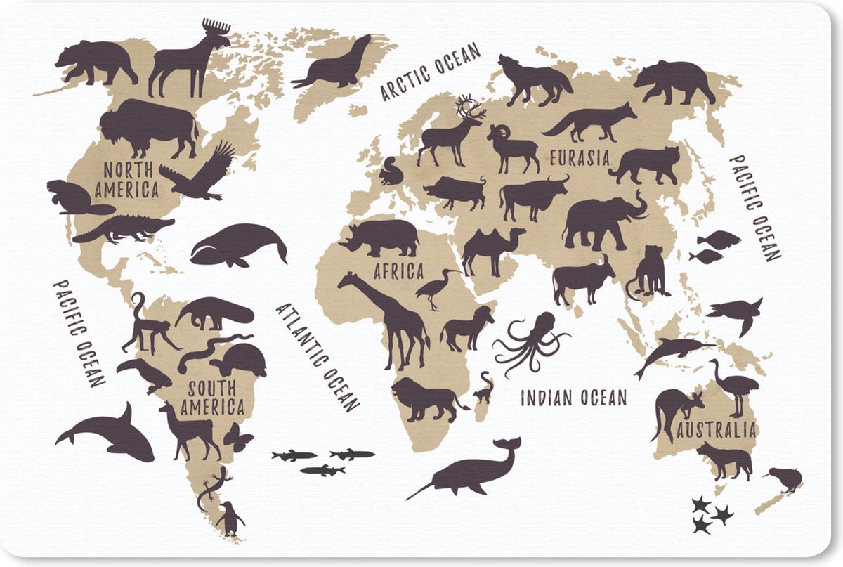 Muismat WereldkaartenKerst illustraties - Bruine wereldkaart met illustraties van silhouetten van dieren en namen van continenten en oceanen muismat rubber - 60x40 cm - Muismat met foto