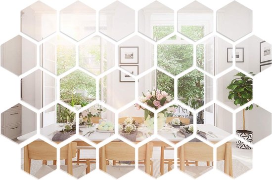 Hexagon Plakspiegels - 36 stuks - Zelfklevende - Deur - Folie - Badkamer - 10 x 8,6 x 5 cm - Sticker - Pas - Wand - Zilver - Acryl - Decorsticker - Woonkamer Decoratie Spiegelende Sticker