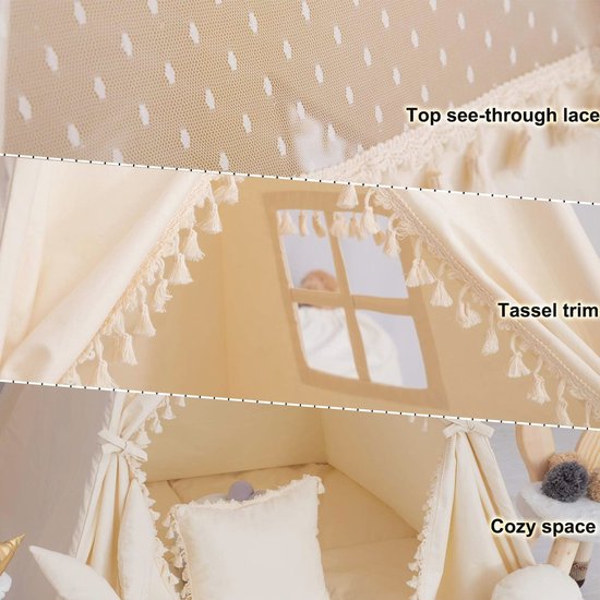 Kids tipi tent met gewatteerde mat, banner en garenbal - Beige katoenen canvas speeltent voor kinderkamer decor van MoniMatt — afbeelding 3