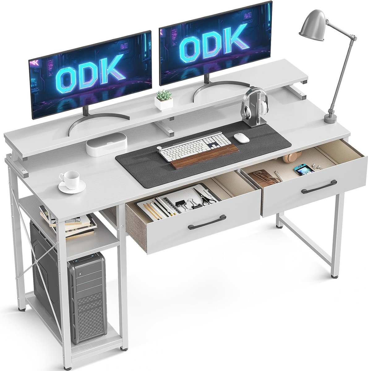 Multifunctioneel Wit Bureau met Lade en Monitorstandaard voor Thuiskantoor - PC-tafel 120x50 cm