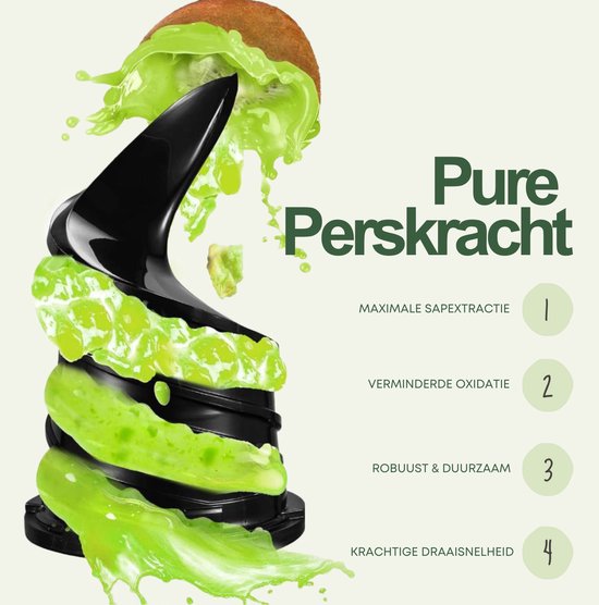 Vis d'extraction noire d'une centrifugeuse lente avec beaucoup de pulpe verte et éclaboussée. Le texte 'Pure puissance de pressage' et des caractéristiques telles que 'Extraction maximale de jus' sont affichés.