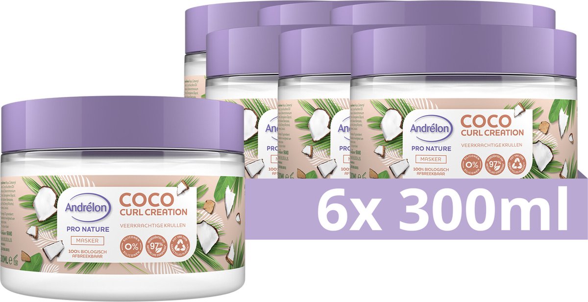 Andrélon Pro Nature Haarmasker - Coco Curl Creation - natuurlijke haarverzorging, verrijkt met kokosolie - 6 x 300 ml