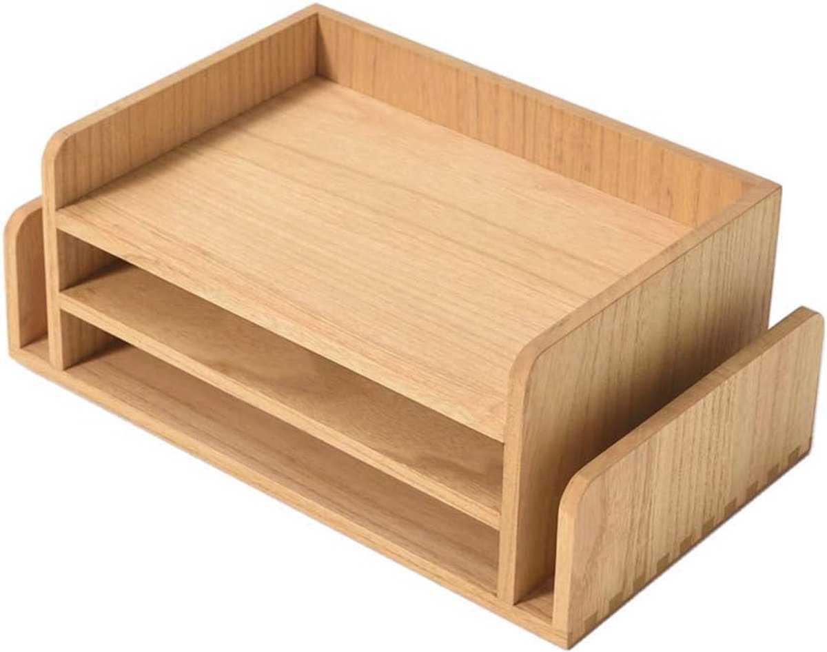 Houten Bureau-organizer met 3 Niveaus en Telefoonhouder - Ruimtebesparende Desk Organizer voor Documenten en Kantoorbenodigdheden