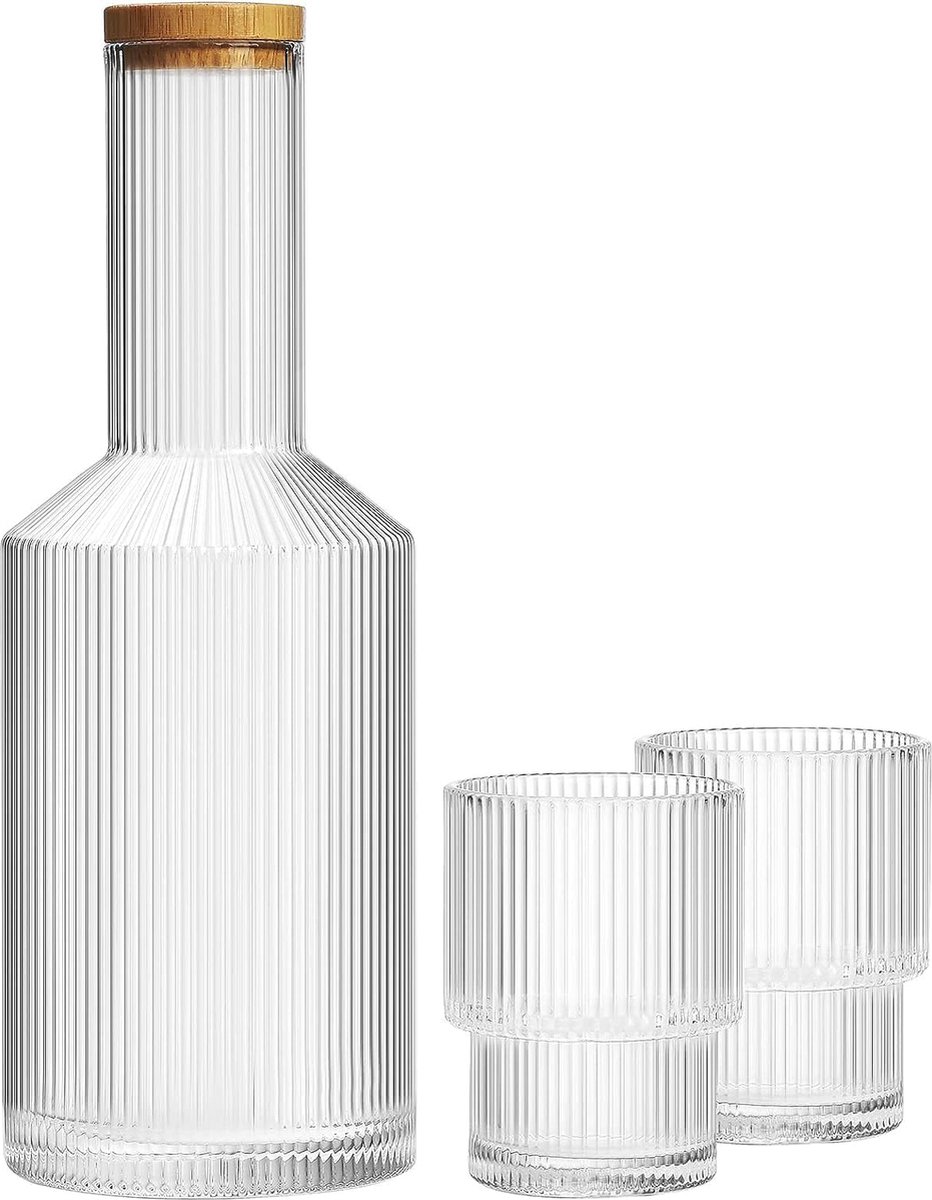 Glazen nachtkastje waterkaraf met deksel en geribbelde drinkglazen - 28 oz vintage waterkruik