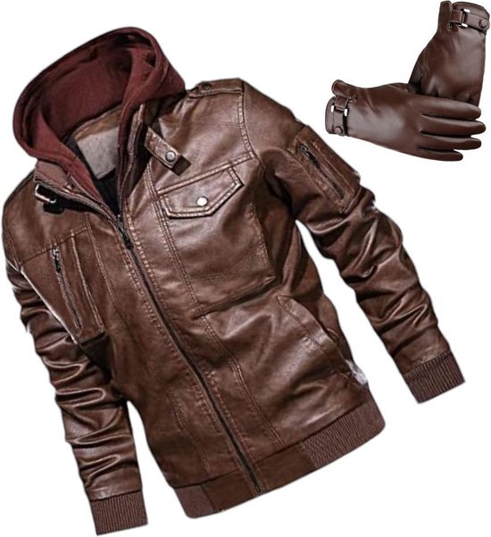 Herenjas van kunstleer voor de winter, warme casual motorjas met afneembare capuchon + Lederen Heren Touchscreen Handschoenen,Leren Handschoenen Synthetisch Wollen Voering,Herfst en Winter Handschoenen