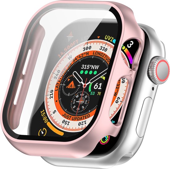 Rosegouden Apple Watch beschermhoesje met screenprotector, gedetailleerd met een kompas wijzerplaat.