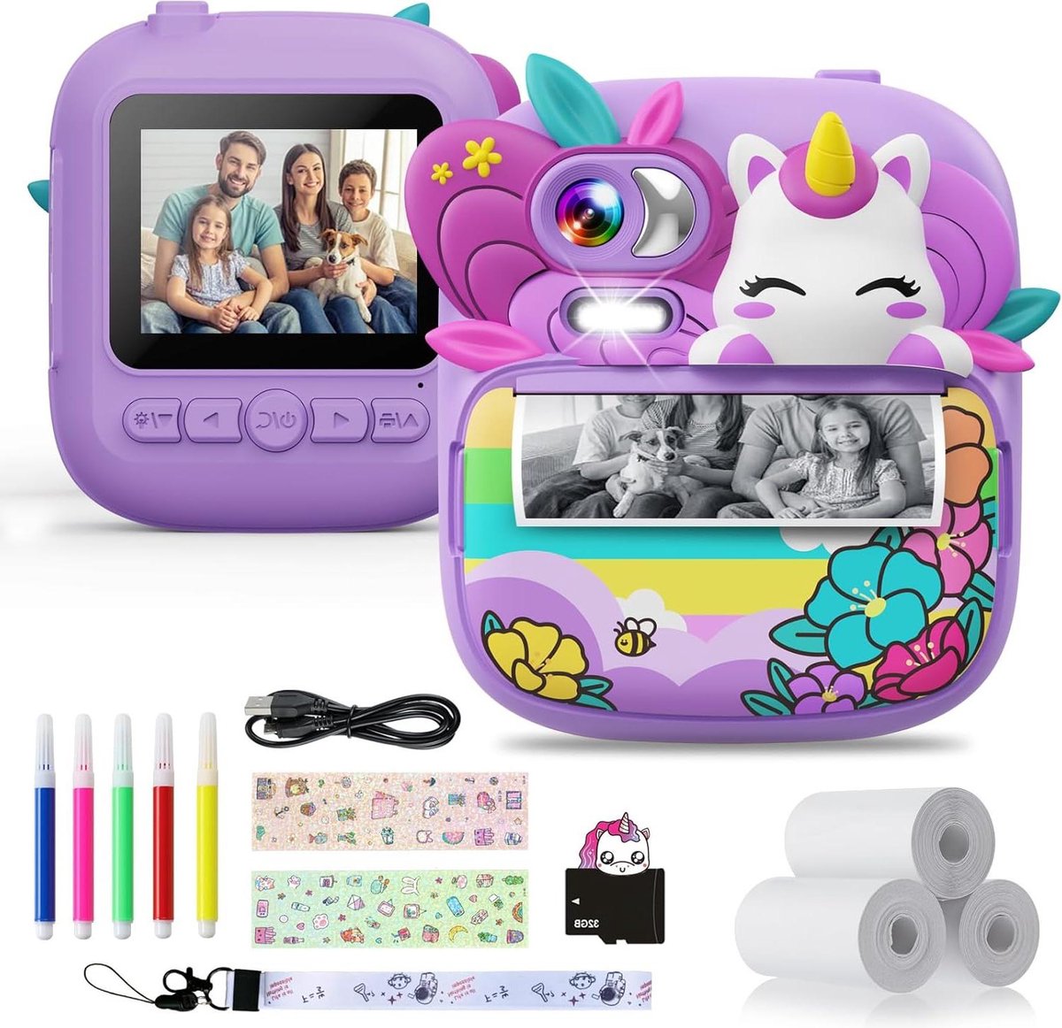 Kindercamera 1080p 24 inch - 32G-kaart en 3 rollen printerpapier - digitale camera voor kinderen - cadeaus voor jongens en meisjes van 3+