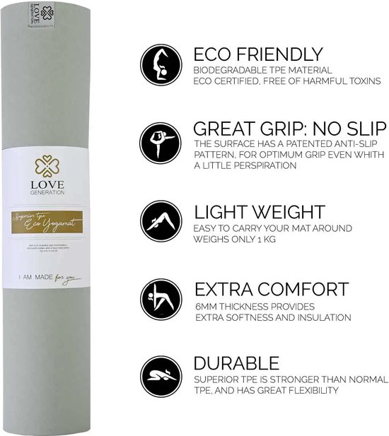 Love Generation ● Eco Yoga Mat ● TPE ● 6 mm ● Serene Sage van Love Generation — afbeelding 2