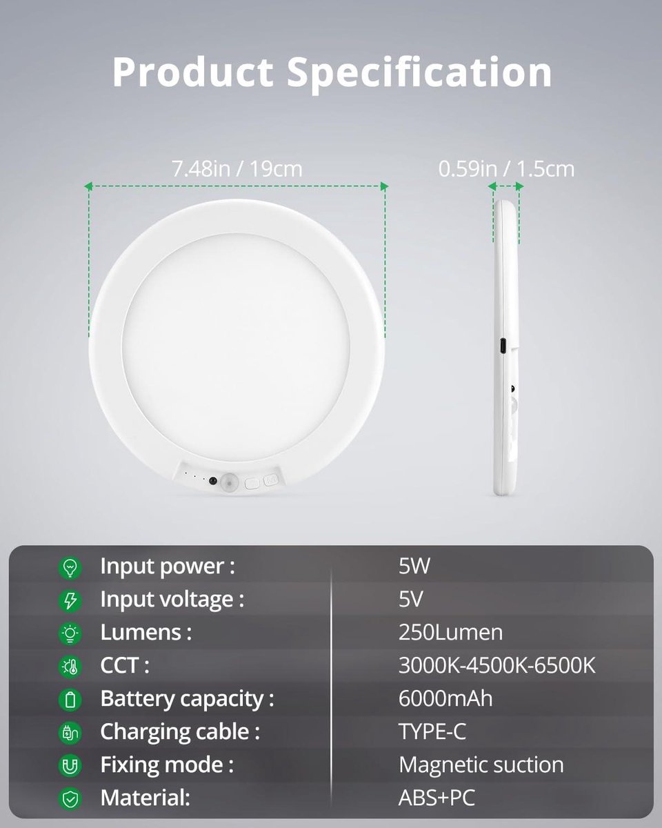 Draadloze Plafondlamp met Bewegingssensor Oplaadbaar LED, Waterdicht 550LM 12000mAh USB Plafondlamp op Batterijen met Afstandsbediening en Sensor, Wireless Ceiling Light Battery voor Binnen Badkamer