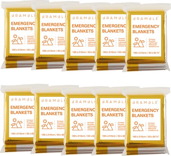 Bramble - 10 Nooddeken - Noodpakket - Voordeelverpakking - 210x160cm - 10 Stuks - Camping - Folie Deken Geïsoleerde Survival Dekens