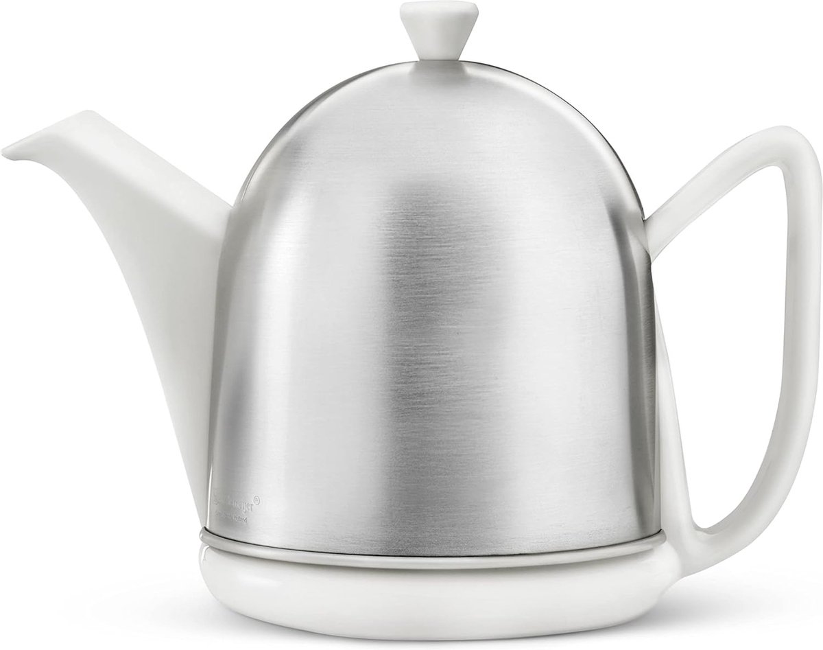 Riokem ® Stijlvolle Witte Keramische Theepot met RVS Deksel - 1.0 Liter