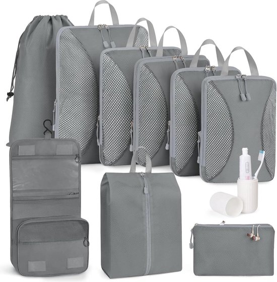 Veken 8 set verpakkingskubussen voor koffers, reisbenodigdheden om mee te nemen, bagage-organizertassen set voor reisaccessoires in 4 maten (extra groot, groot, medium, klein), zwart