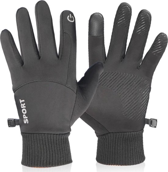 Donkergrijze sport handschoenen met 'SPORT' logo en power symbool. Ribgebreide boorden.
