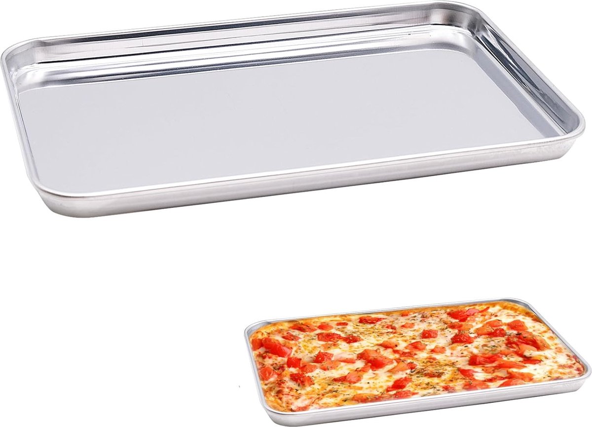Riokem ® Set van 2 Bakplaten, Roestvrij Stalen Cakeplaten, Ovenplaten, Rechthoekige Grillplaten voor Bakken, Braden, Serveren (22.7 x 14.7 x 1.2 cm)