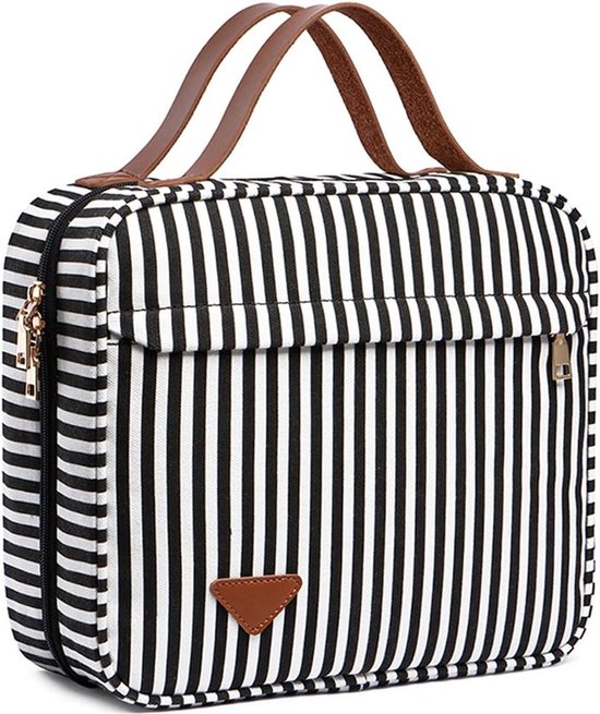 Prite, Grote make-uptas voor dames, reistas, cosmeticatas, waterdichte leren toilettas, draagbare make-up organizer, etui met handvat en afneembare verdeler, Parel Roze