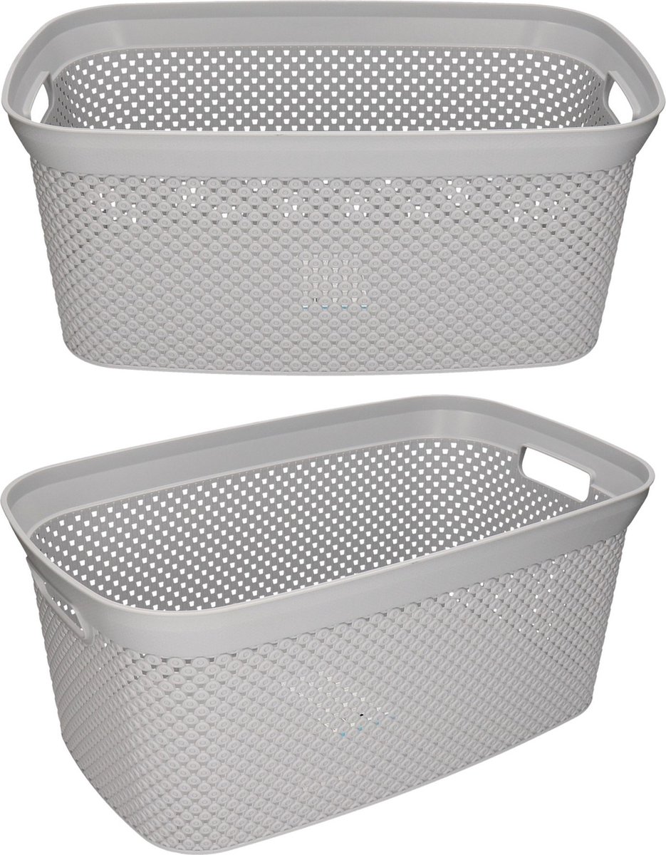 Storage Solutions wasmand - 2x - 35 liter - grijs - 54 x 34 x 23 cm - Kunststof - Draagmand