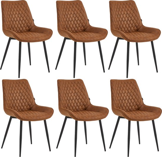 Ensemble de six chaises de salle à manger marron avec motif losange et pieds noirs en métal.