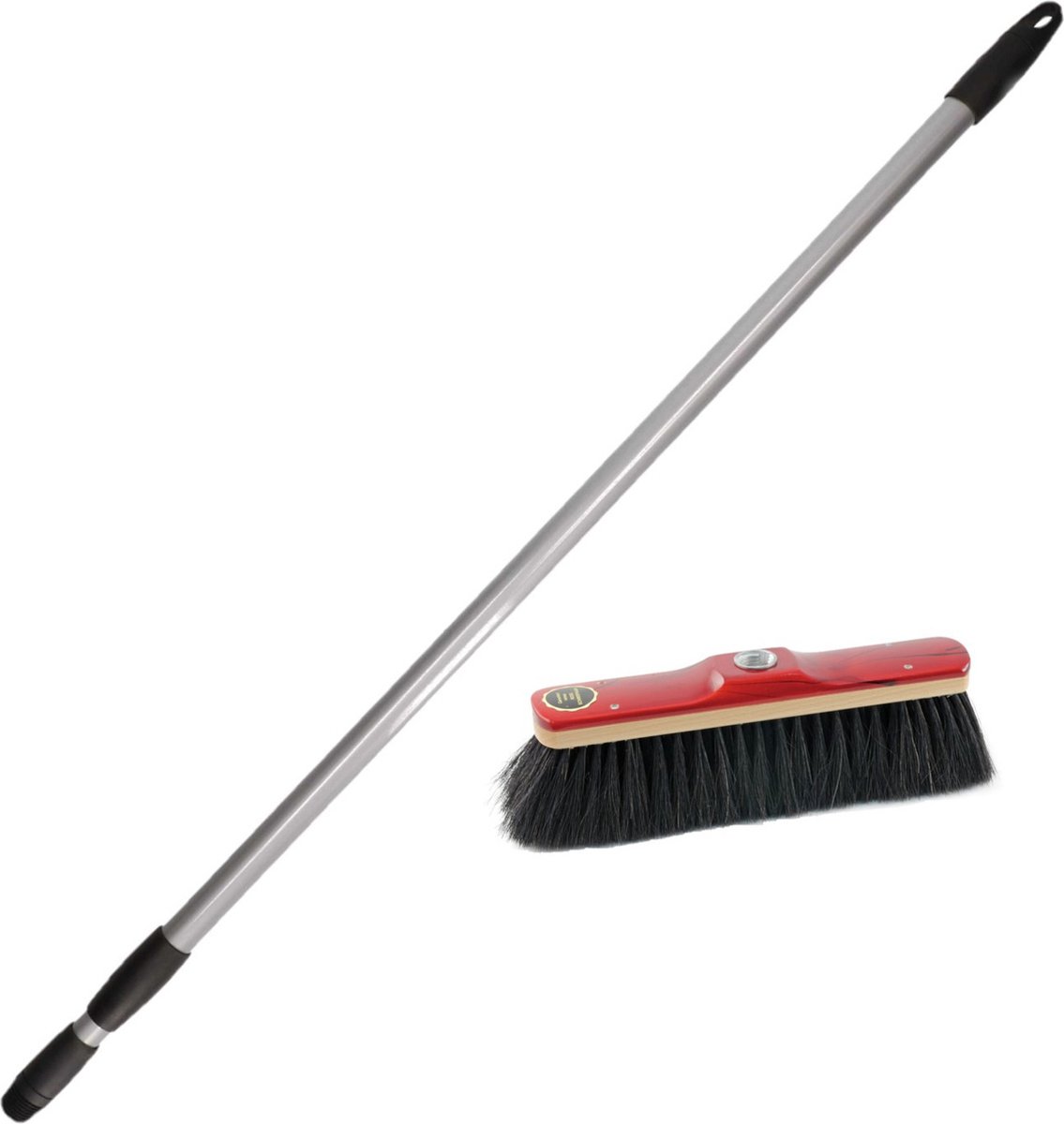 Goedkoopste Binnen bezem rood gelakt met zwart paardenhaar inclusief metalen telescoopsteel grijs 130 cm - Zachte bezems