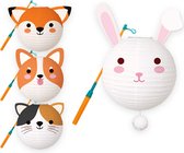 Lampion - Sint Maarten - Lampionstokje - Met Lichtje - Dieren - Treklampion - Papier - Kind - Wit - Versiering - 4 Stuks