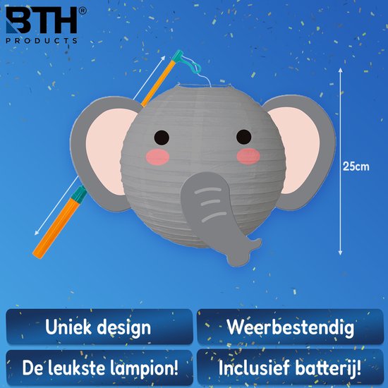 Grijze papieren lampion in de vorm van een olifant met roze wangen, grote oren en een slurf. Een oranje-groen lampionstokje wordt meegeleverd.