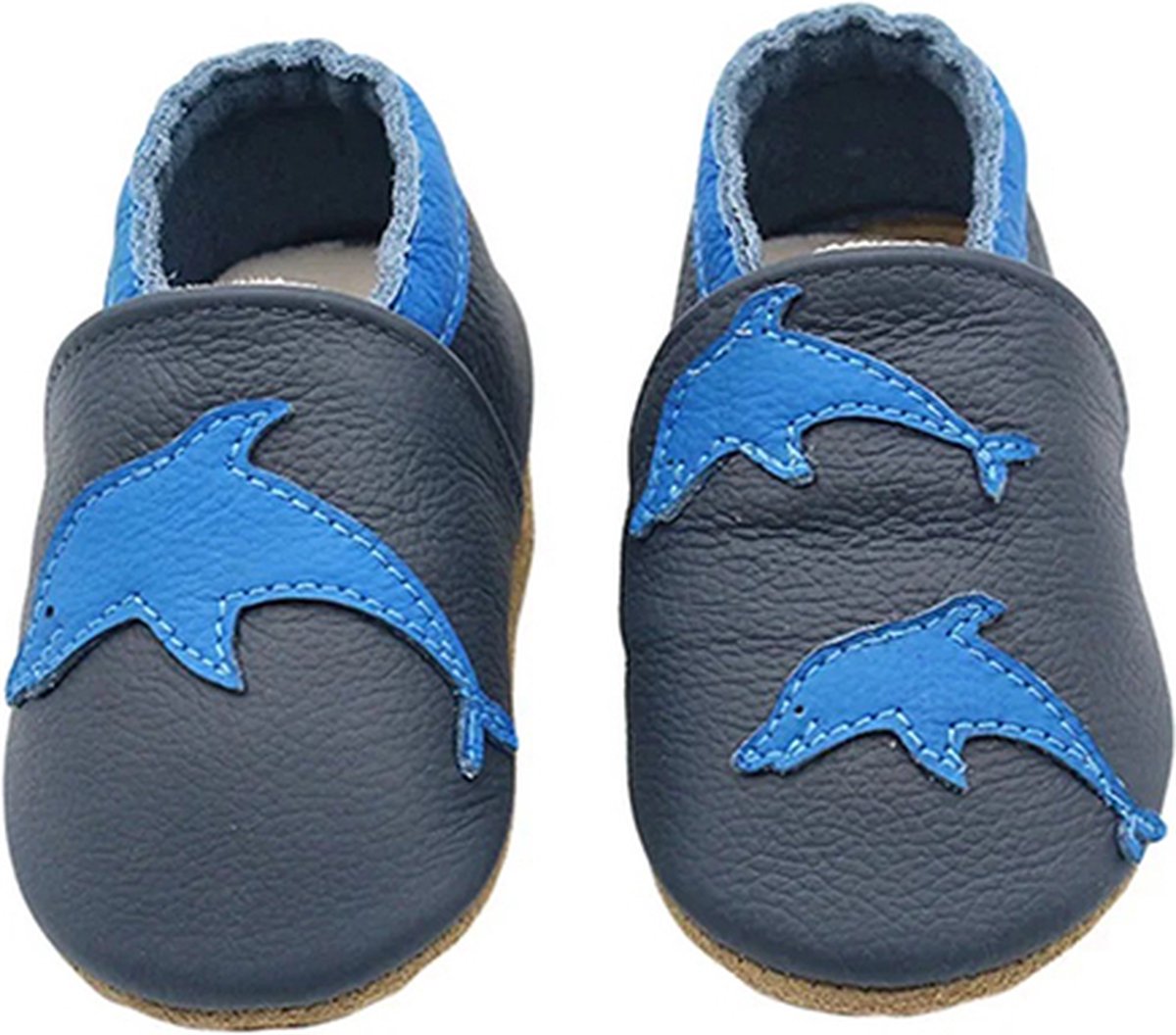 ATTREZZO® Leren Baby Slofjes - 0-6 maanden - Dolfijn - Babyslofjes - Leder