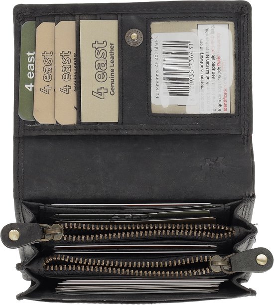 Portemonnee Dames - Portemonnee Heren - Harmonica Rits Portemonnee in Buffelleer - Zwart - RFID Bescherming - 11 Pasjes - Ruime Indeling met Steekvakken