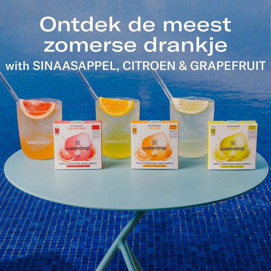 Waterdrop drankjes met sinaasappel, citroen en grapefruit in glazen met rietjes en fruit.