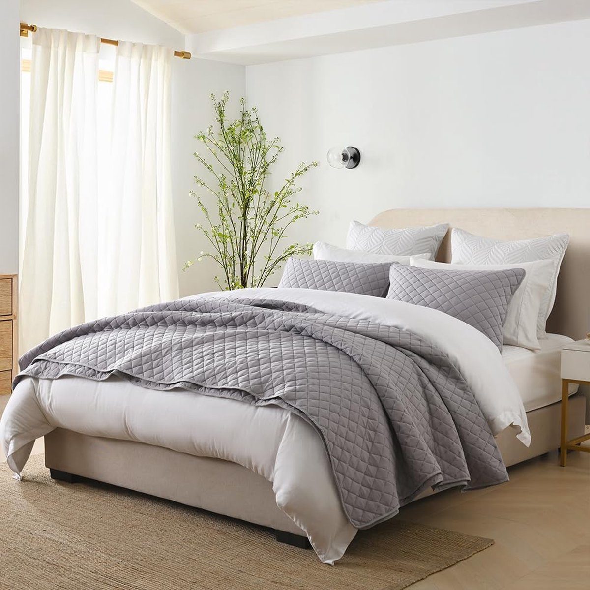Goodivery ® Stijlvolle Bedsprei Set 240 x 260 cm met 2 Kussenslopen in Grijs Geometrisch Design