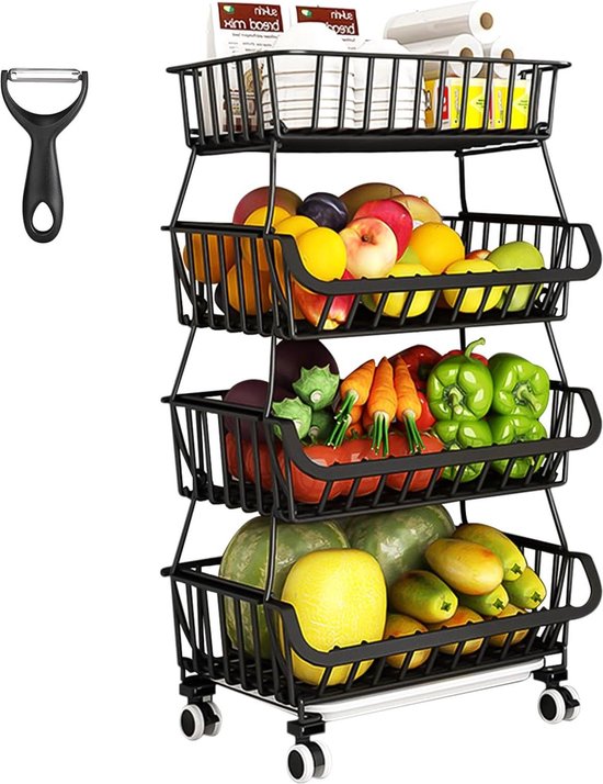 Metalen draadmanden met wielen,Groentewagen 3 niveaus, opbergmand voor groenten van metaal,afneembare opbergmand van groentewagen met wieltjes voor het bewaren 40 * 30 * 72 cm (zwart