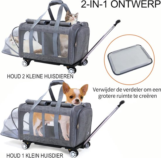 Opetdo Extra grote huisdierdrager met twee vakken en afneembare wielen