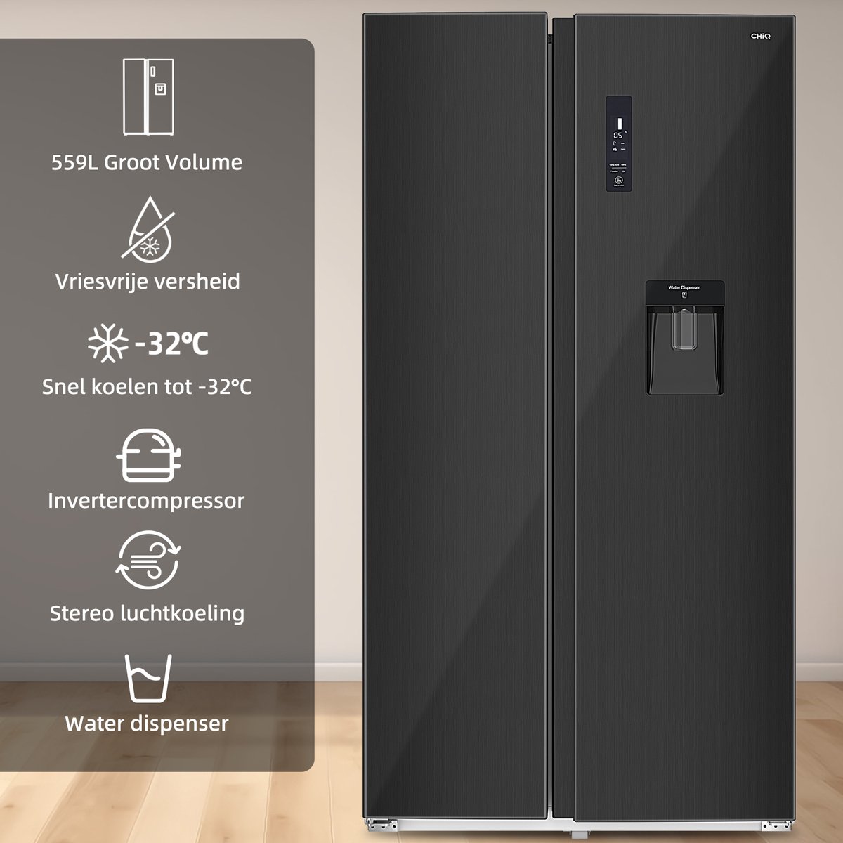CHiQ FSS559NEI42D - Amerikaanse koelkast - 559 Liter - No Frost - 5.5 L Waterdispenser - Digitaal LED Display - Inverter Compressor - Snelvriezen tot -32℃ - 12 jaar garantie op compressor — afbeelding 3