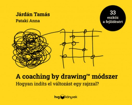 Boekcover met gele achtergrond. Titel: A coaching by drawing™ módszer. Een deel van de tekst is in het Hongaars, waaronder 'Járdán Tamás', 'Pataki Anna' en '33 eszköz a fejlődésért'. Er staat een schematische tekening op van een kluwen die overgaat in een rooster met cirkels.