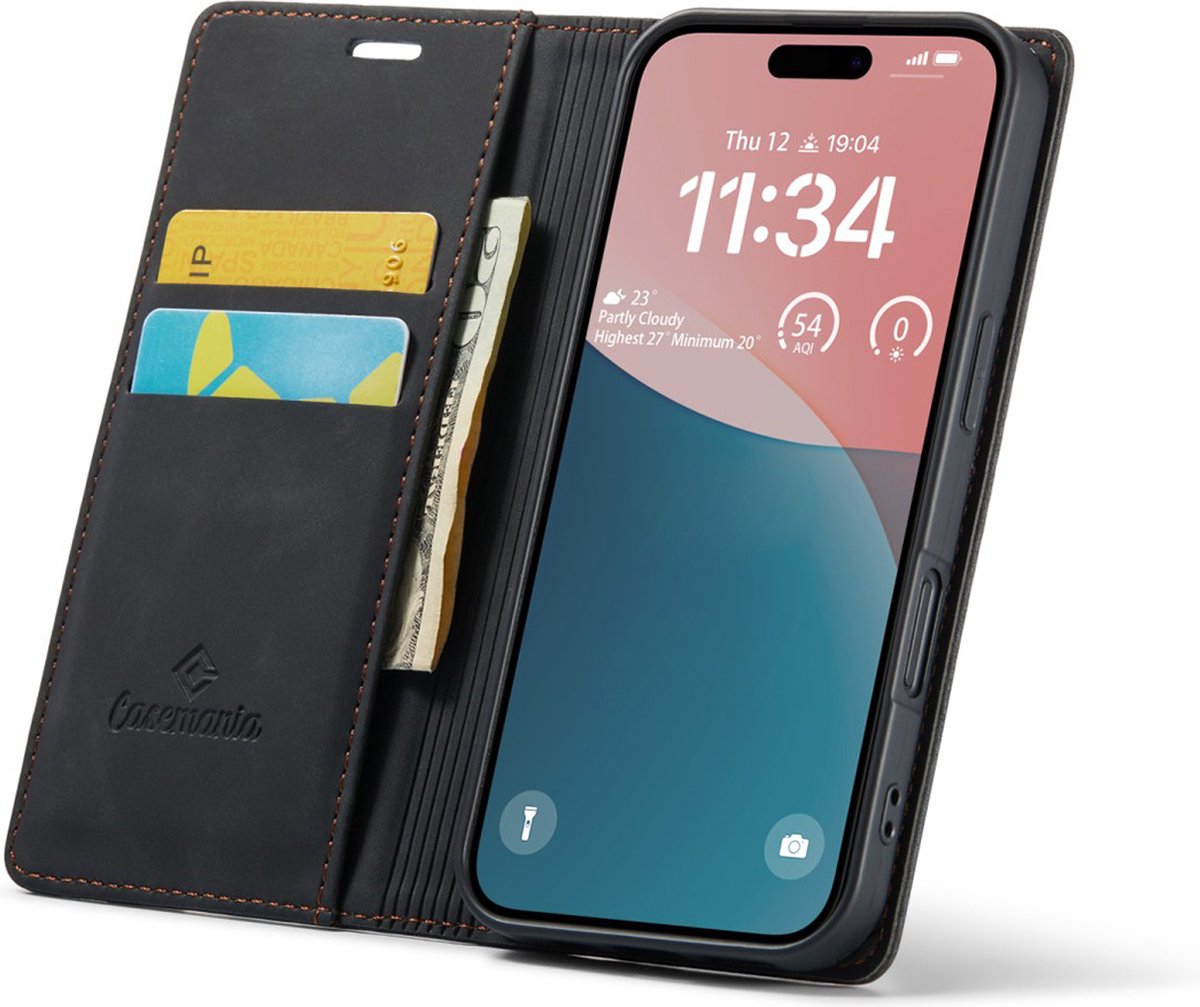 CaseMania Bookcase hoesje geschikt voor iPhone 16 Plus - Effen Zwart - Kunstleer