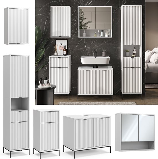 Badkamermeubelcollectie Vicco Eliza, 5-delig wit met verticale ribbeldecoratie. Afmetingen getoond.